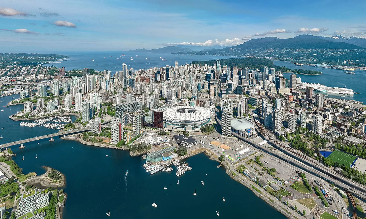 Vancouver skyline and waterfront with mountains in the distance