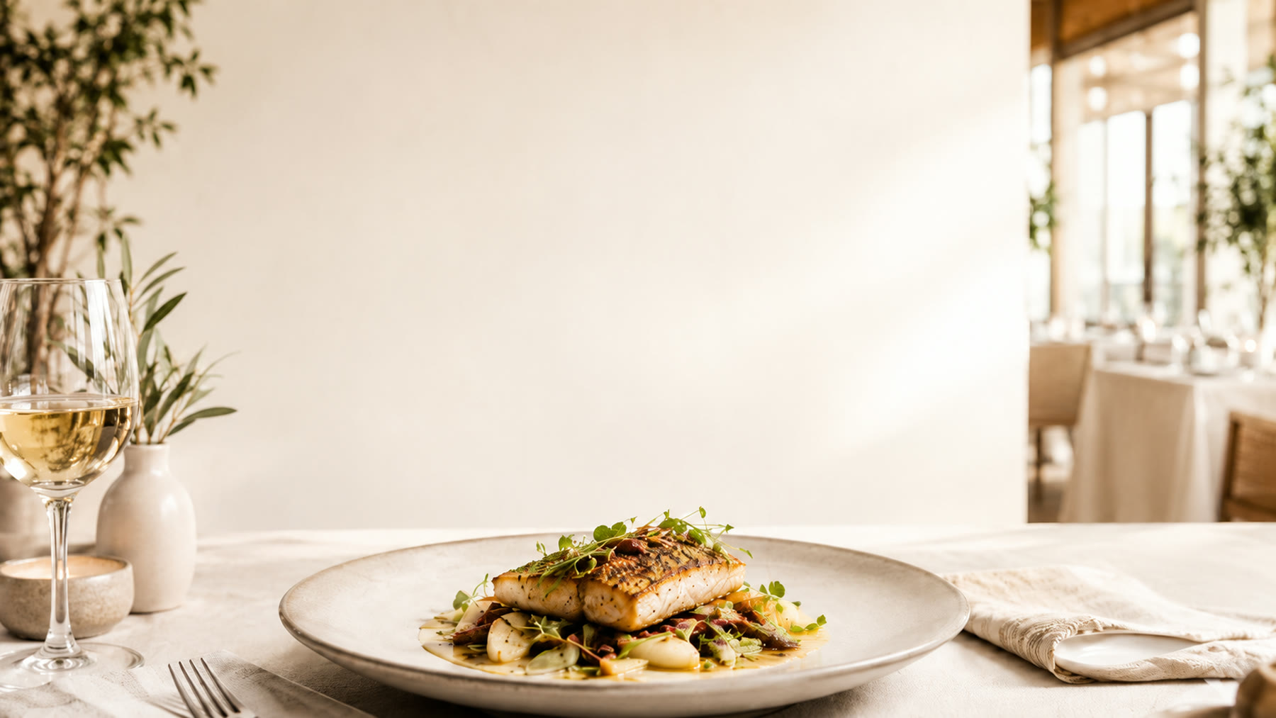 A plated dish in a warm, light fine-dining room